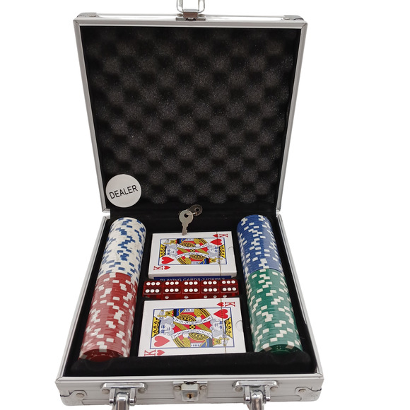 100 PC Poker Chip Set in Aluminum Case – Cards, Dice, Chips, Dealer Button & Key - Picture 2 of 4